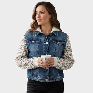 Wallflower Womens M Blue Button Front Knit Sweater Denim Vest Layered Look